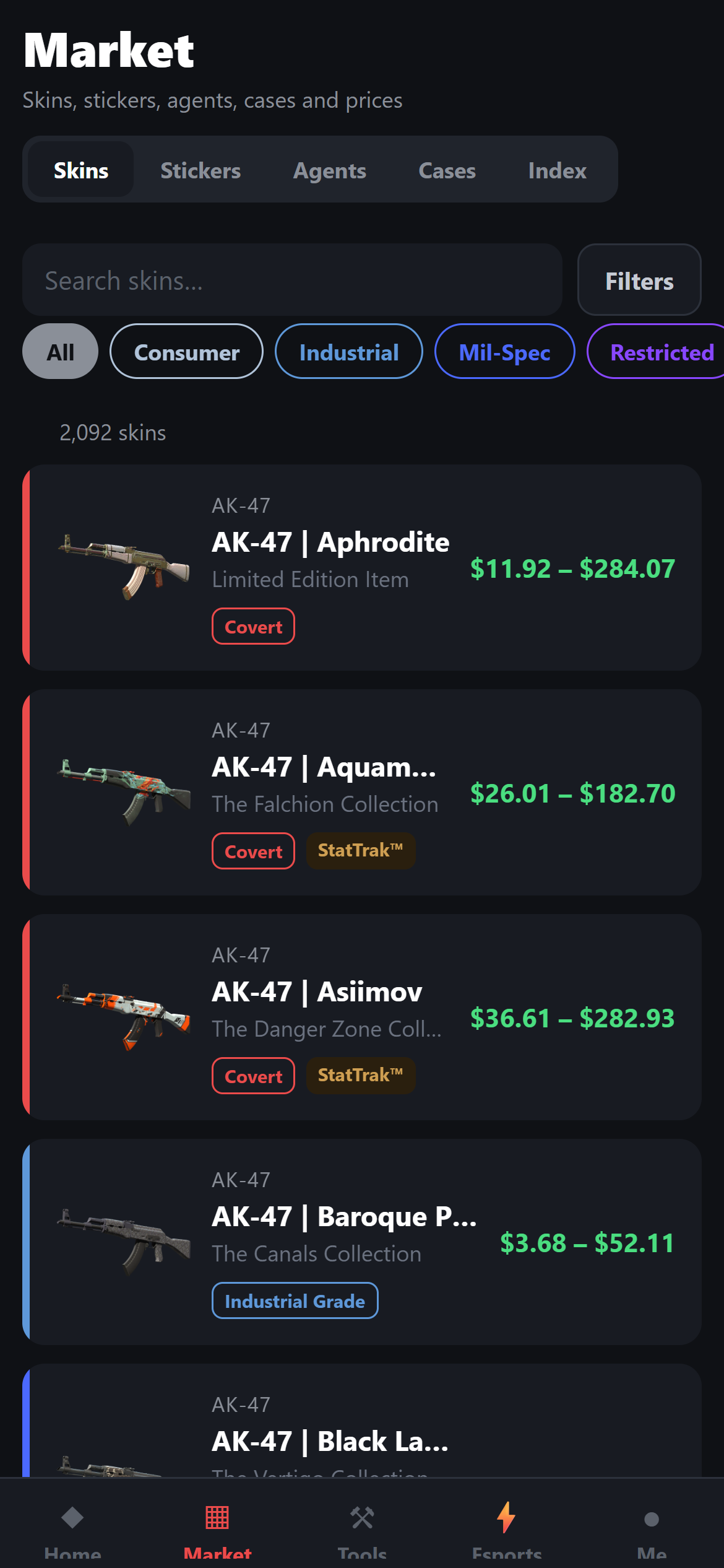 SmokeNade market: 2,092 skins with live prices