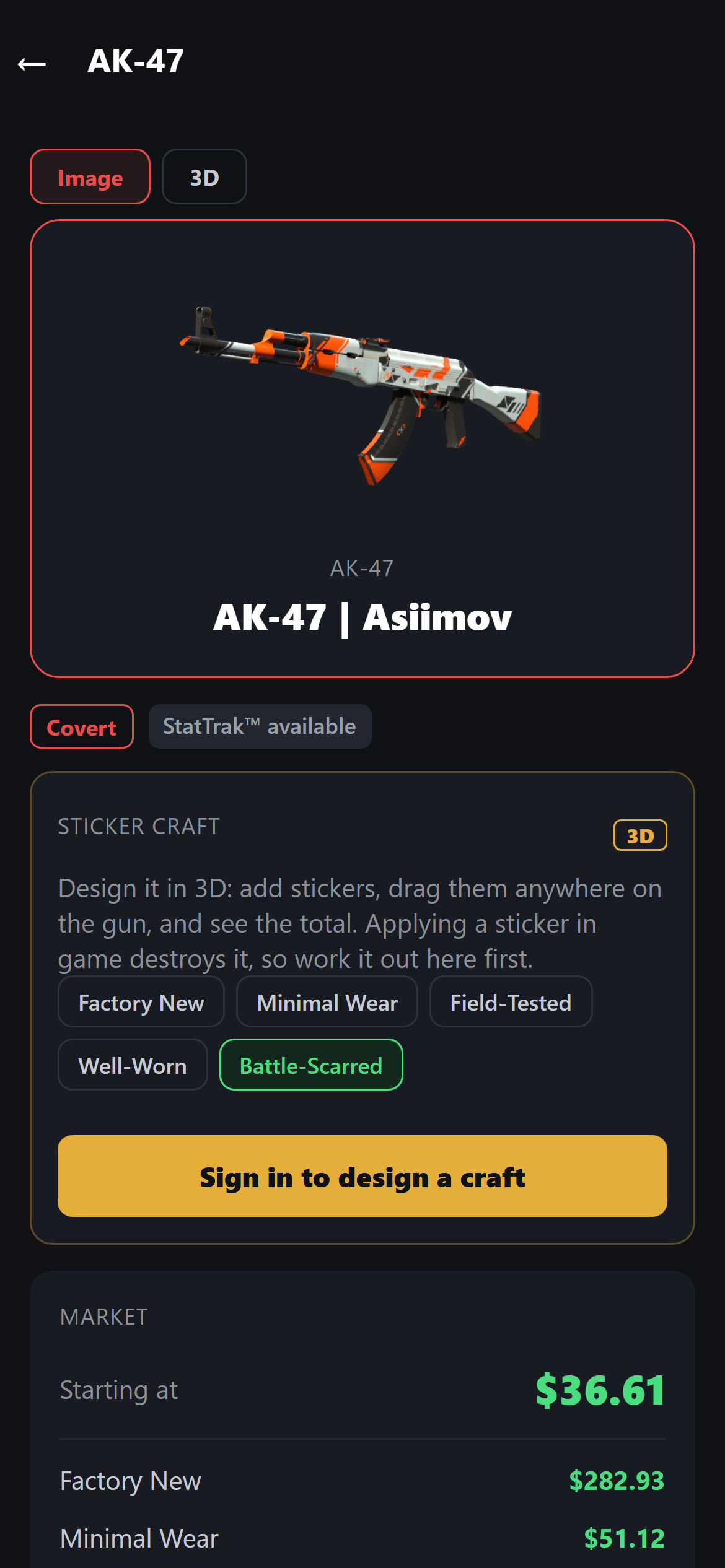 AK-47 Asiimov with prices for every wear